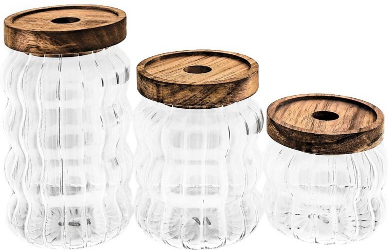 Mulex - Vorratsgläser 3erSet mit luftdichtem Holzdeckel aus Borosilikatglas Wave-Style