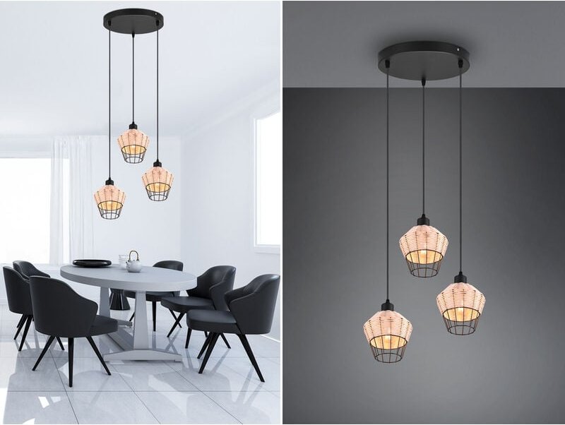 Trio Lighting - Pendelleuchte borka mit Rattan Geflecht Natur und Gitter im Boho Stil, ø 41cm