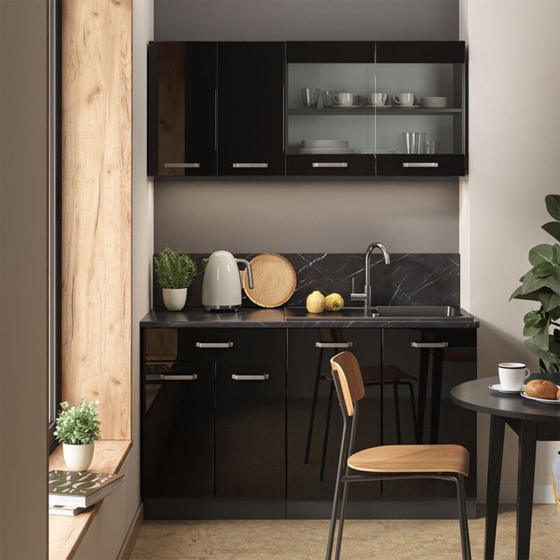 Vicco - Mini-Küche R-Line, Schwarz Hochglanz/Anthrazit, 140 cm ohne Arbeitsplatte