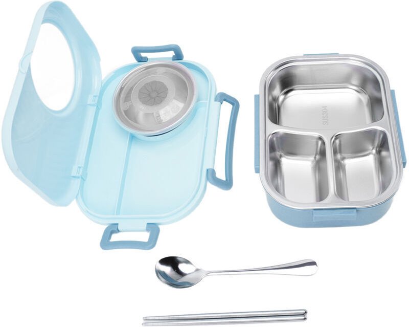 Isolierte Bento-Box mit Edelstahlfächern, doppelwandig, ideal für Studenten, blau.