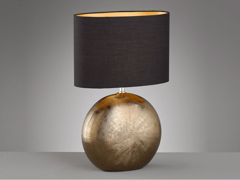 Fischer&honsel - Tischleuchte foro, Keramikfuß Bronze Antik & Stoffschirm Schwarz Gold, Höhe 53cm