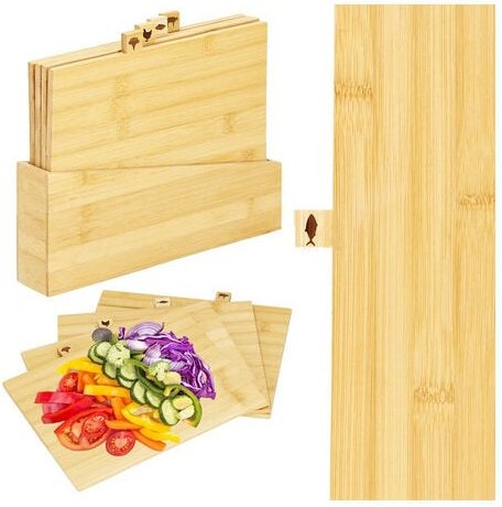 SPRINGOS Schneidebretter aus Bambus mit Ständer Bambusbretter mit Piktogramm 22 x 28 cm 4 Stück