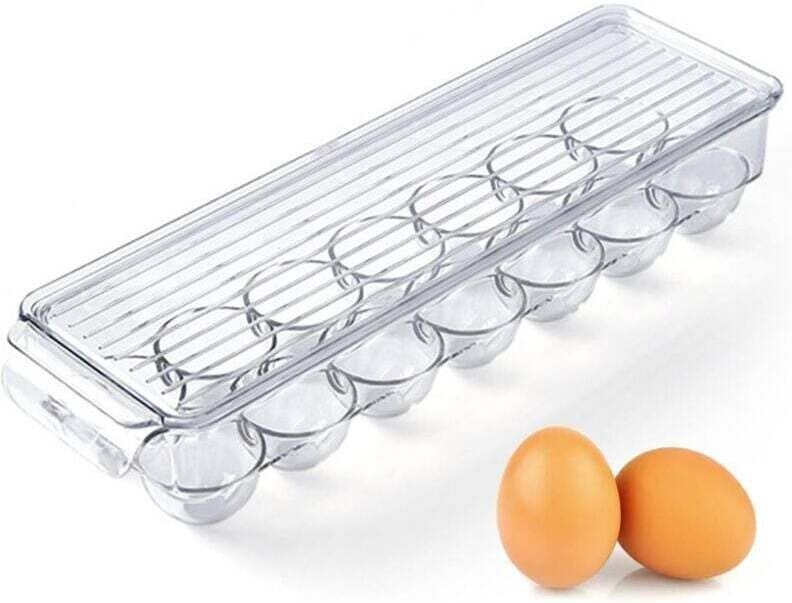 Eieraufbewahrung für den Kühlschrank, Eierbehälter mit 14 Fächern, Eierspender aus Kunststoff mit Deckel, stapelbarer, t...