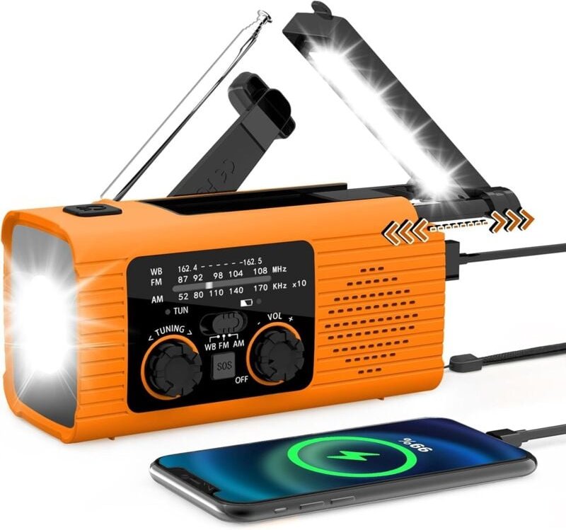 NOAA/AM/FM-Notfallwetterradio mit tragbarer 4000-mAh-Powerbank, Aufladen über USB/Solar/Handkurbel, Taschenlampe, SOS-Al...