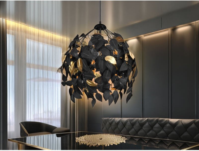 Led Pendelleuchte mit Blätter Lampenschirm Schwarz Gold, ø 38cm