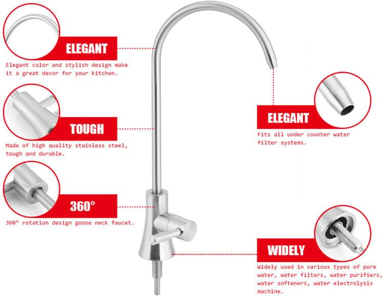 1/4" 360° schwenkbare Küchenarmatur mit Schwanenhals, Trinkwasserfilter, Edelstahl, Chrom