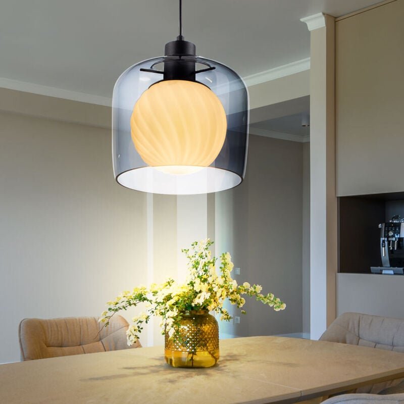 Hängelampe Hängeleuchte Pendellampe Esszimmerleuchte, Rauchglaskugel Retro Metall schwarz, 1x E27 Fassung, DxH 21x150cm
