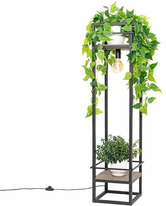 Industrielle Stehlampe schwarz mit Holz - Cage Rack