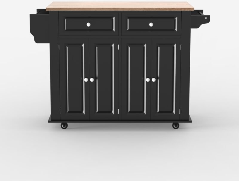 Kücheninsel mit Rollen 2 Schubladen 4 Türen und Gewürzregal Turchese - Schwarz