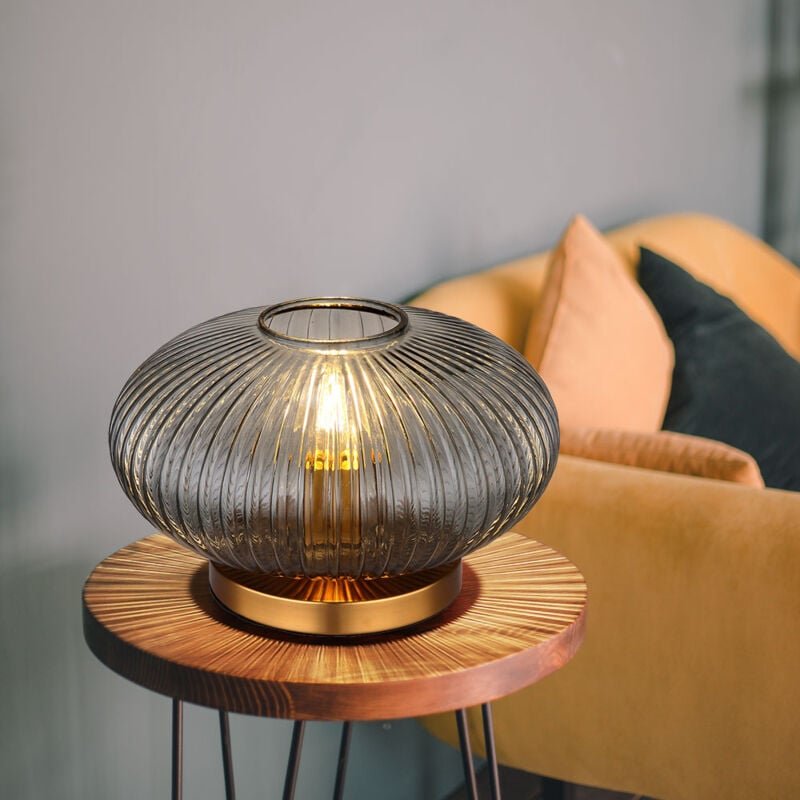 Led Tischlampe Rauchglas Retro Nachttischlampe Tischleuchte Wohnzimmer, Metall messing, 1x E27 Filament led warmweiß, Dx...
