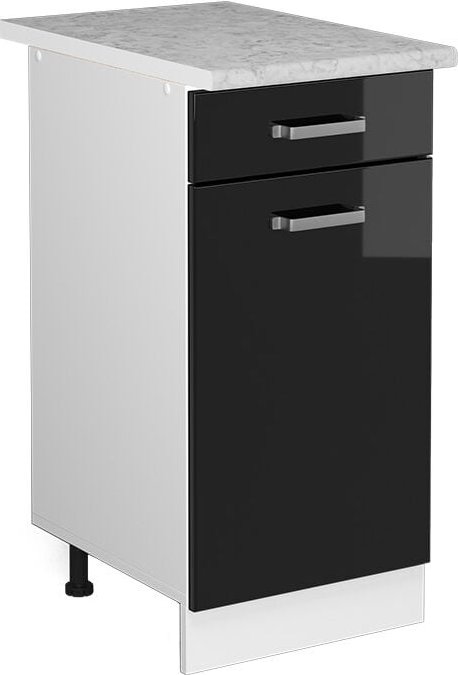 Unterschrank R-Line, Schwarz Hochglanz, 40 cm mit Schublade, mit Arbeitsplatte Vicco