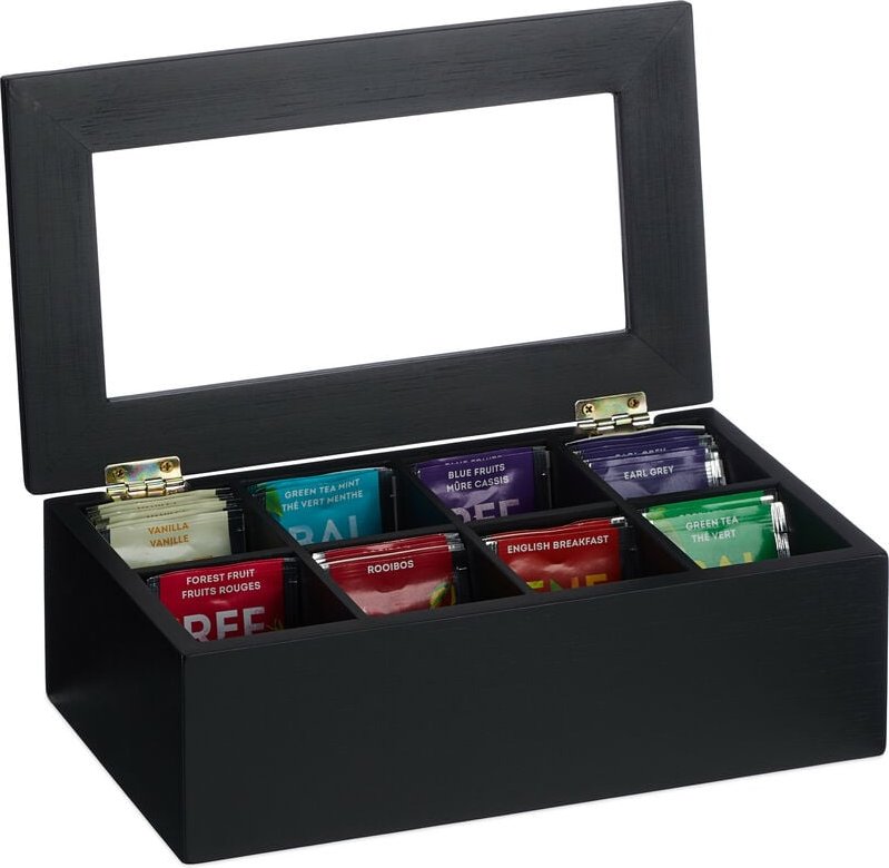 Relaxdays Teebox, 8 Fächer, Bambus, HxBxT: 9x28x16 cm, Tee & Kaffeepads, Teekasten mit Deckel, staubgeschützt, schwarz