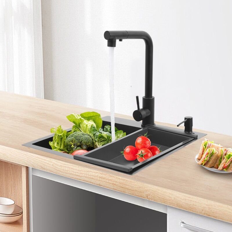 Küchenspüle, Edelstahlspüle, Einschalige Küchenspüle con herausziehbarem Wasserhahn und Abtropfkorb