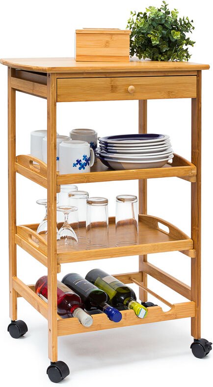 Küchenrollwagen James, HxBxT:80,5x50x37cm, Bambus, mit Schublade & 2 Tabletts, Flaschenregal, natur - Relaxdays