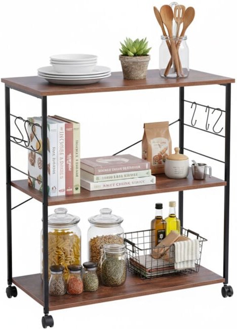 Relaxdays Küchenrollwagen, 3 Ablagen, 6 S-Haken, Küche, Servierwagen HxBxT: 87 x 80 x 40 cm, MDF & Eisen, braun/ schwarz