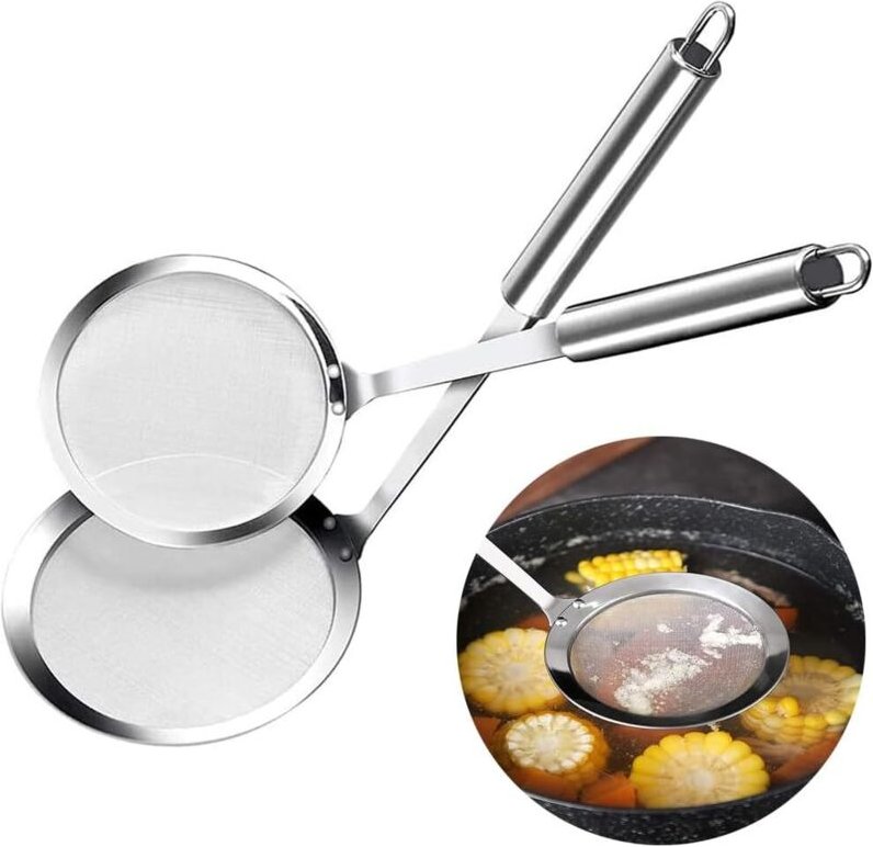 Edelstahlsieb, 2-teilig mit Schaumstoffeinlagen, feines Netzgewebe, Küchenabschöpfer, zum Filtern von schwimmendem Fett ...