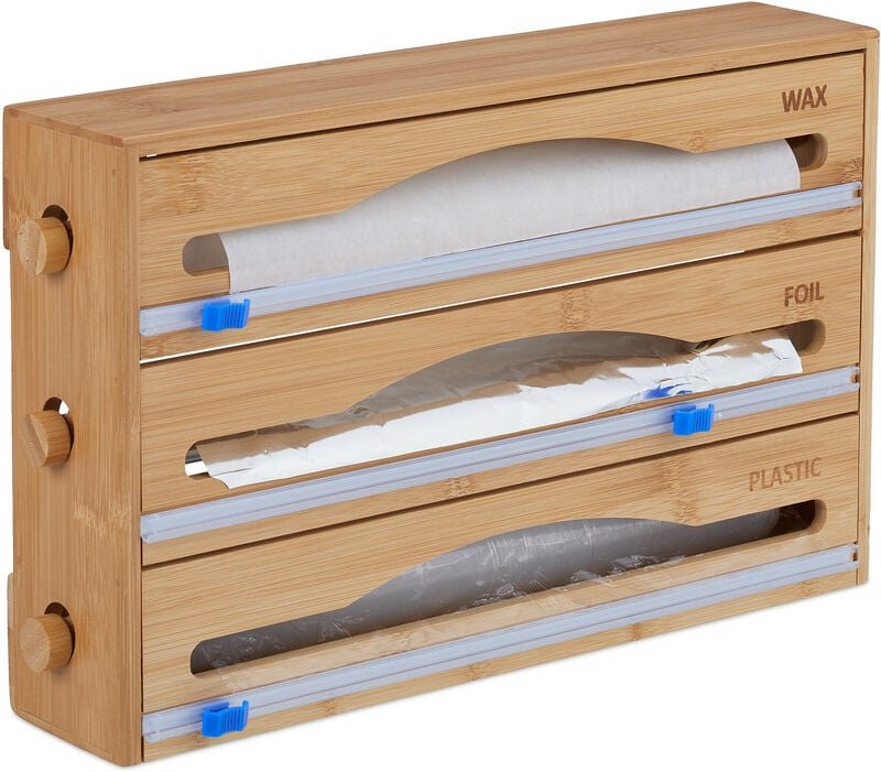 Thumbnail - Folienspender 3 in 1, für Wand & Schublade, HxBxT: 23,5 x 39 x 9 cm, Bambus, Folienschneider Küche, natur - Relaxdays