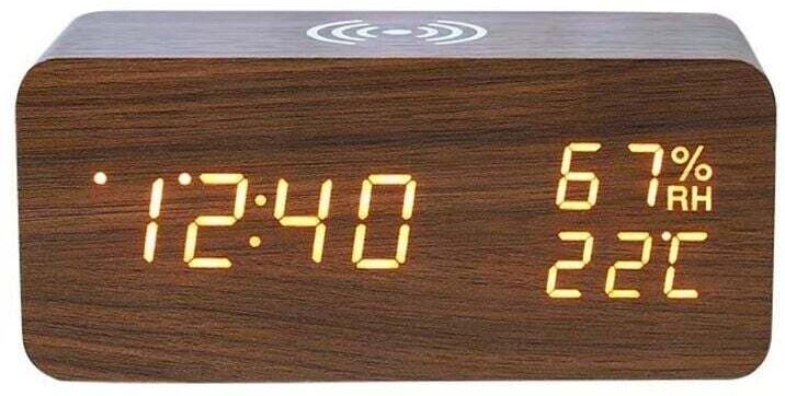 Kabelloser digitaler LED-Wecker mit Temperatur- und Feuchtigkeitsanzeige, einstellbarer Helligkeit (braun) XXW