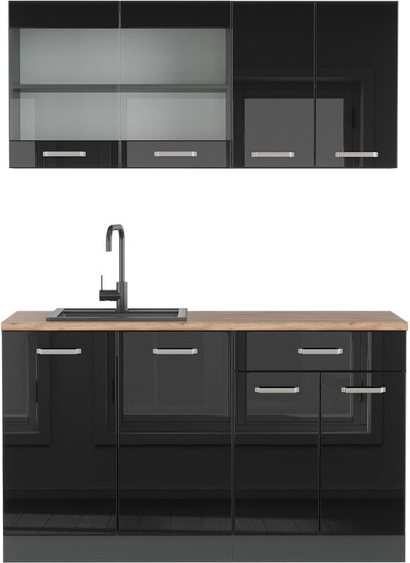 Singleküche R-Line, Schwarz Hochglanz/Anthrazit, 140 cm , AP Eiche, Vicco