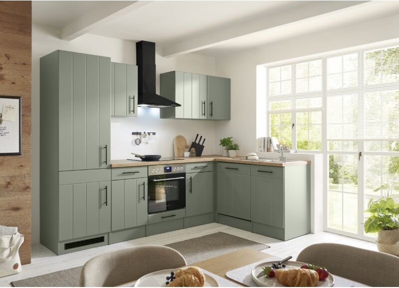 L Küche Einbau Winkelküche Landhaus Grün Anton 280 cm Kühlschrank groß Respekta