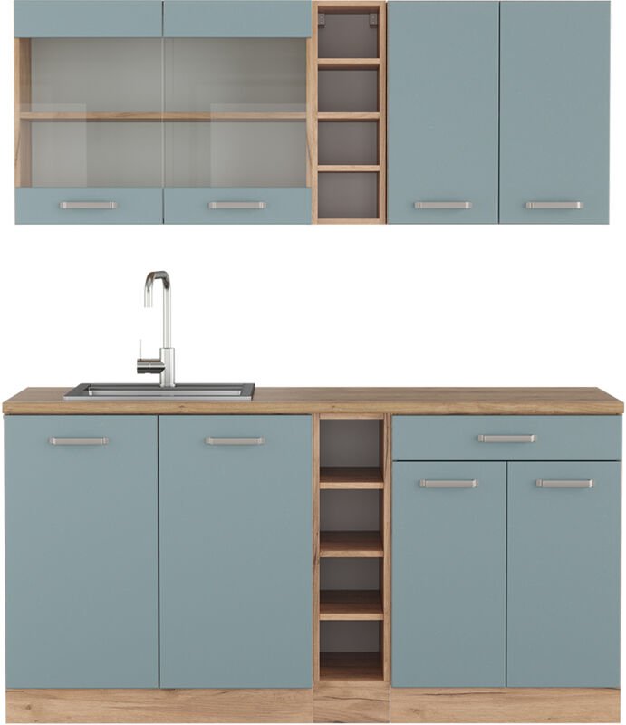 Thumbnail - Vicco - Single Küche R-Line, Blau-Grau/Goldkraft Eiche, 160 cm ohne Arbeitsplatte