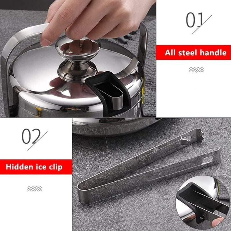 Seau a Glacon,Double Paroi Seau a Glacon INOX,Seau à Glace à Double paroi isolé,1.3LSeau a Glacon Isotherme,avec Pinces,...