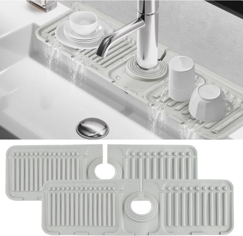 2-teilige Silikon-Armaturenmatte, 38 x 11 cm Küchenarmaturmatte, Silikon-Spülbeckenarmaturmatte für Küche und Bad (Grau)