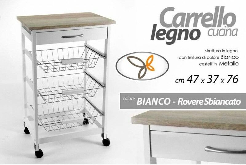 Weißer Küchenwagen mit Körben und Rädern cm 47 x 37 x 76 h