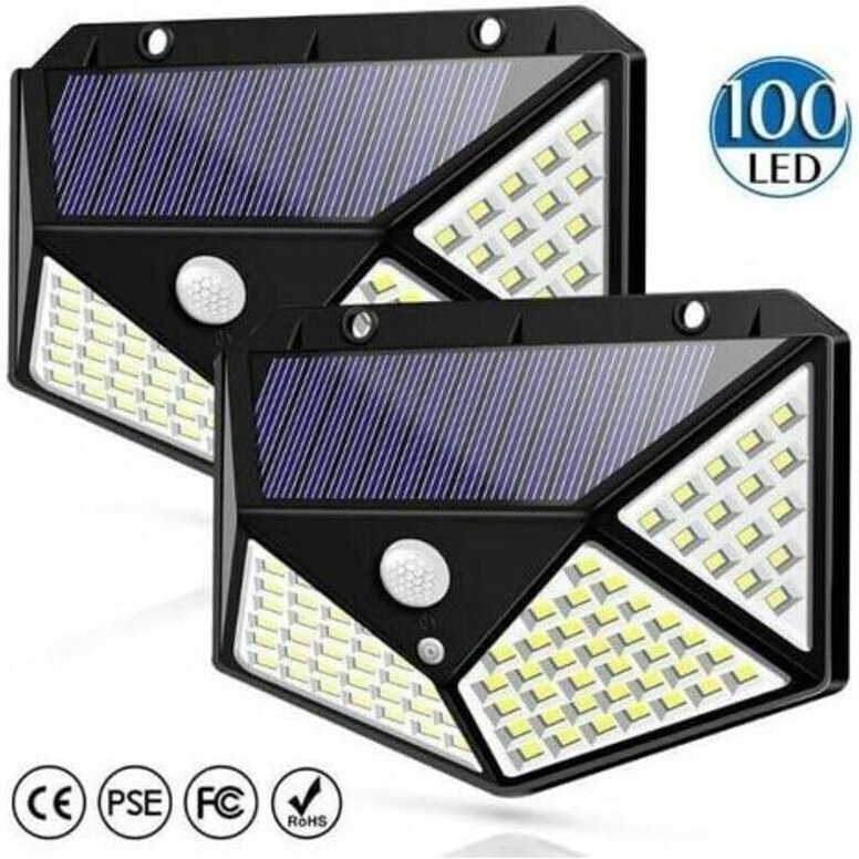 Set mit 2 Solar-Flutlichtern mit Bewegungsmelder, 100 LEDs, vierseitige Solar-Wandleuchte