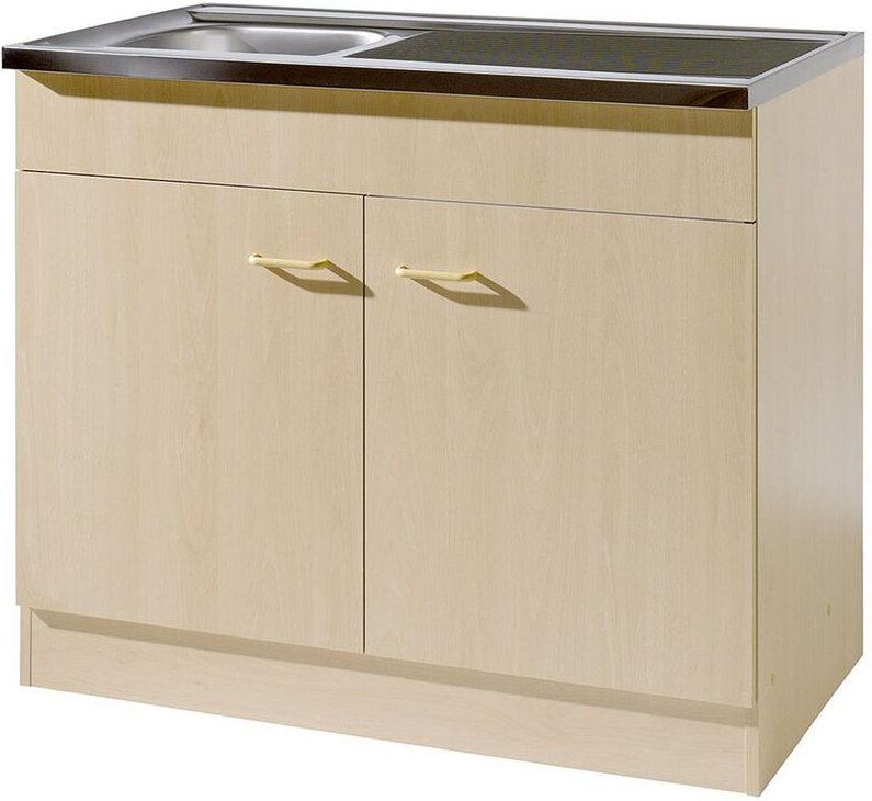Küchen-Spülenschrank 100cm mit Auflagespüle und Siphon SALERNO-03 Buche Dekor Breite b/h/t 100x85x50cm