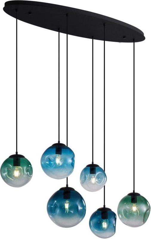Art-Deco-Hängeleuchte schwarz mit ovaler Deckenplatte und grünem und blauem Glas 6-flammig - Douglass