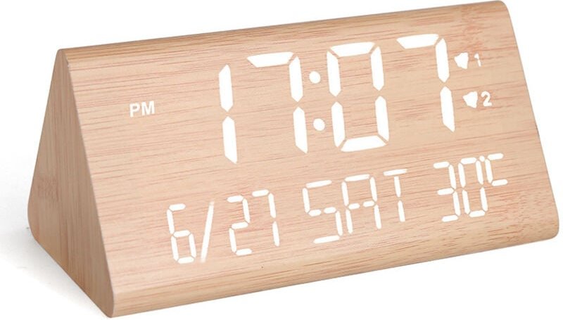 Wecker Digital Holz, Wecker Holz mit 2 Alarm/Datum/Wochentag/Temperaturanzeige, Einstellbare Helligkeit & Lautstärke, We...