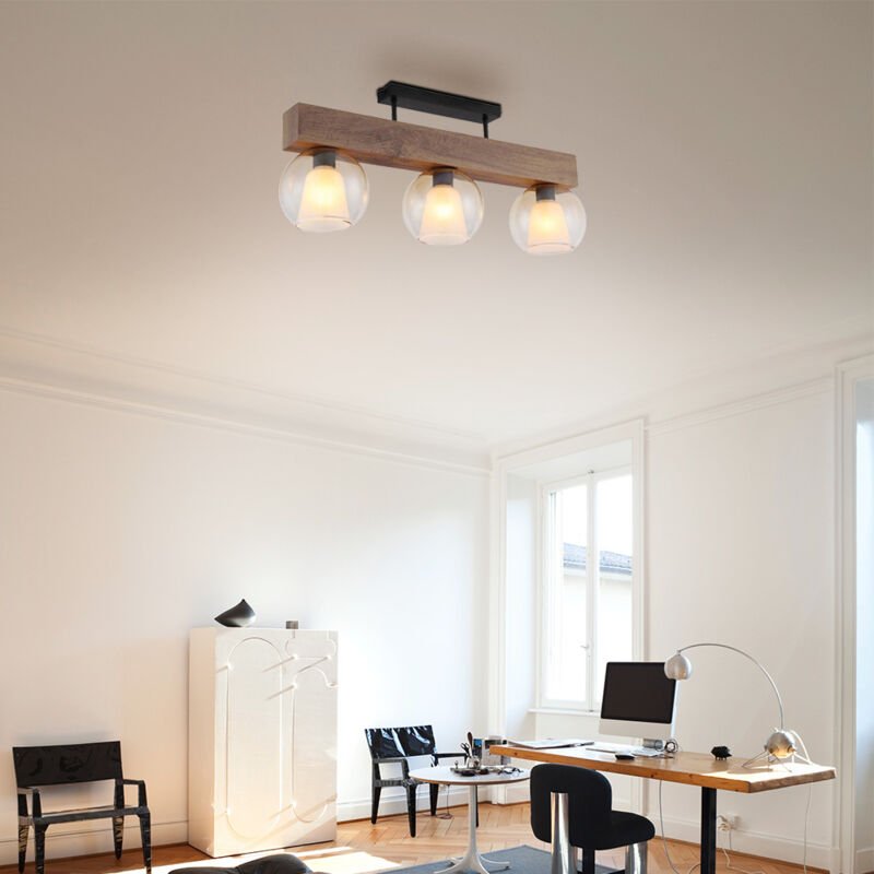 Globo Lighting - Deckenleuchte Holzlampe Deckenlampe Esszimmerlampe 3 flammig Glas amber l 74 cm