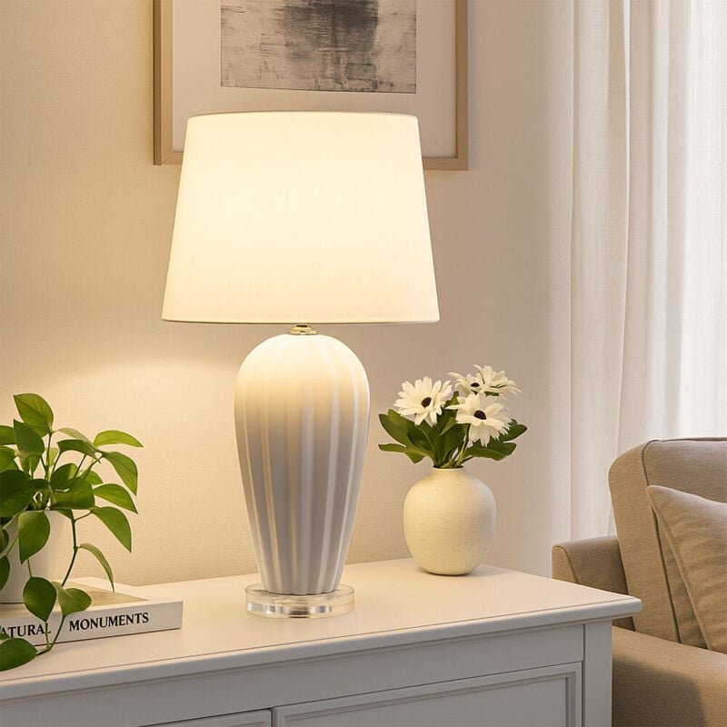Tischleuchte Keramik Tischlampe Textilschirm weiß Wohnzimmerleuchte Acryl transparent, Kabelschalter, LED 9W 810Lm warmw...
