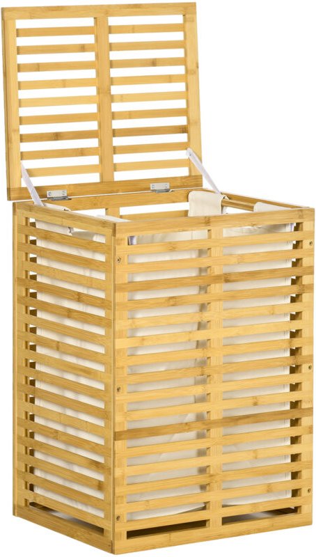 Bambus Wäschekorb mit 63 L Wäschesammler mit Deckel Wäschesack, Stange 44 x 37 x 62,5 cm Naturholz