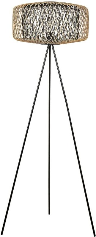 Thumbnail - Stehlampe Naturfarbe Schwarz Bambus Holz Lampenschirm Metallsockel 120 cm Boho Leuchte Wohnzimmer