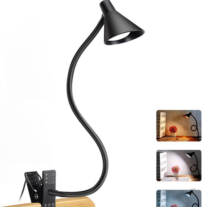 Schwarze LED-Klemmleuchte mit flexiblem Schwanenhals, Einstellbare Leseleuchte, 3 Helligkeitsstufen, Büro- und Nachttisc...