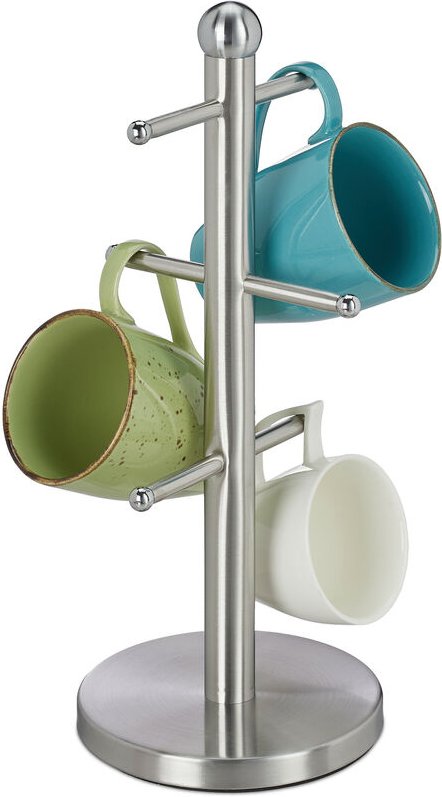 Relaxdays Tassenhalter, mit 6 Stangen, zum Hinstellen, Edelstahl, für Kaffeebecher, Küche, runder Tassenbaum, silber