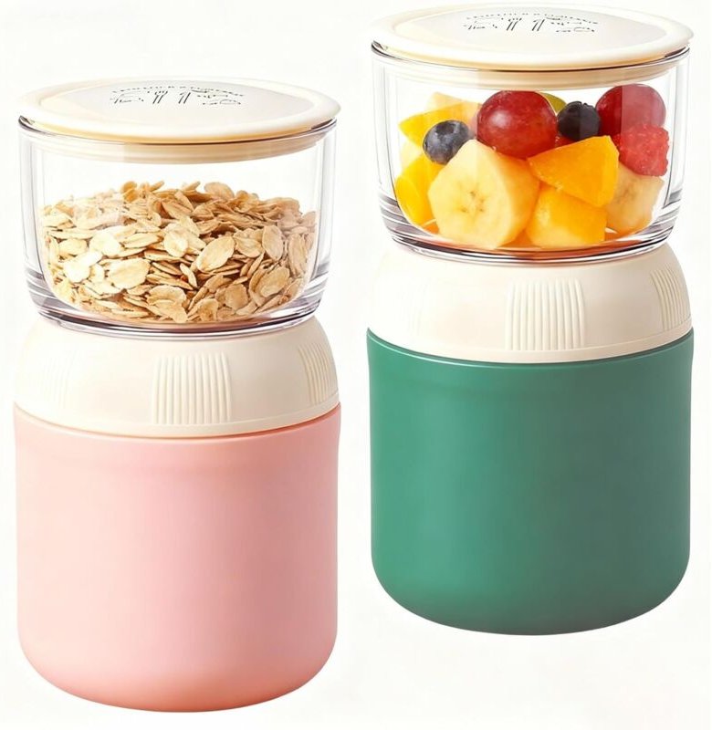 Set mit 2 tragbaren Müslibechern inklusive Löffeln, 400 ml + 300 ml für Joghurt unterwegs, auslaufsicher, ideal für Reis...