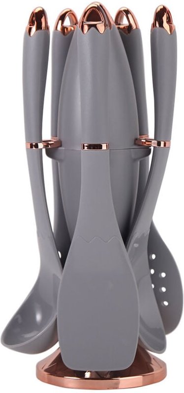 Küchenutensilien-Set aus Silikon, bestehend aus Schöpfkelle, Sieb, antihaftbeschichtetem Spatel und Raketenwerfer-Aufbew...