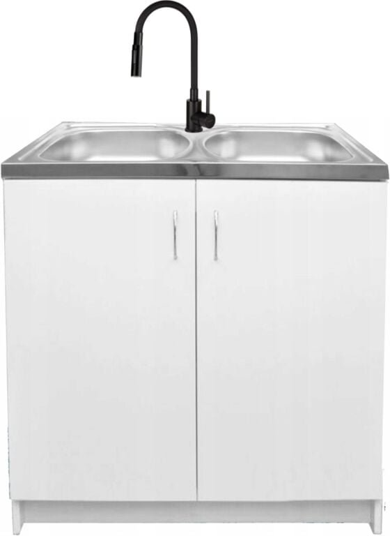 STAMAR Küchenunterschrank mit Spüle 2 Kammern - 80 x 50 cm - Weiß - Flexibler Wasserhahn 2in1 - Praktisch und Elegant