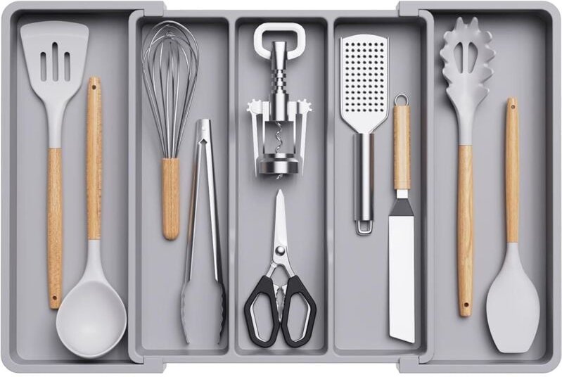 Küchenschubladen-Organizer, ausziehbarer Besteckkasten, verstellbarer Besteckhalter, Trennfächer aus Kunststoff für Pfan...