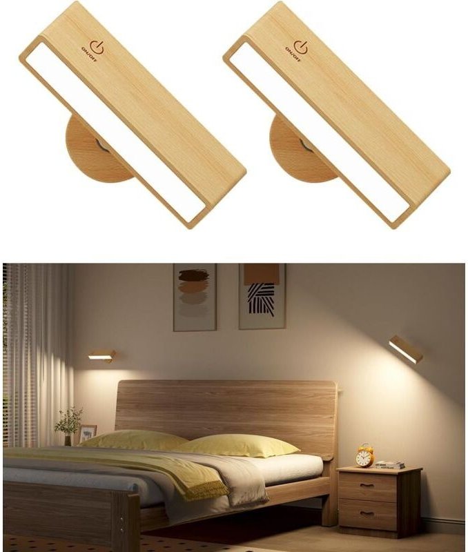 Set mit 2 kabellosen Wandleuchten aus Holz für den Innenbereich, USB-aufladbar, Helligkeitsregulierbar, berührungsempfin...