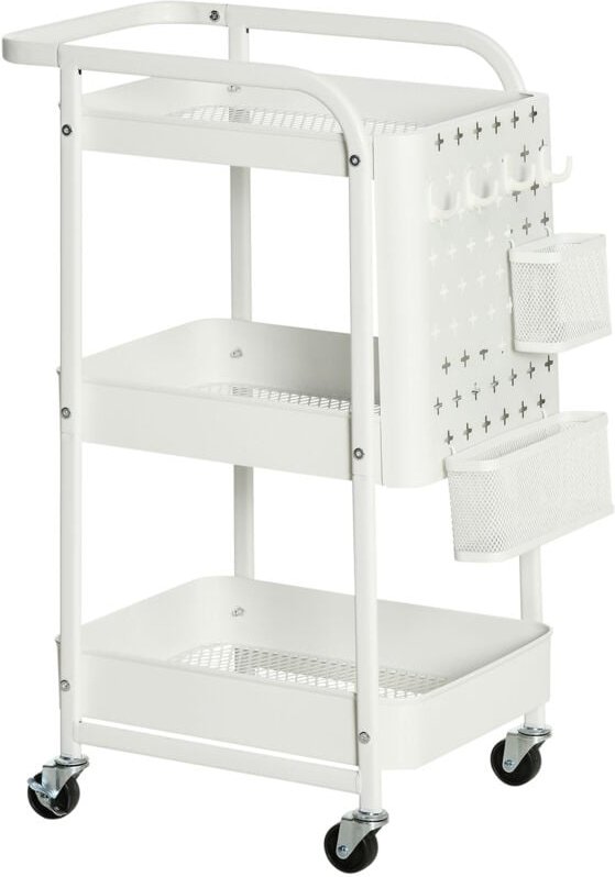 HOMCOM Servierwagen mit 3 Ebenen Küchenwagen mit Rollen Griff Rollwagen mit Haken und Korb, Küchenregal, Allzweckwagen f...