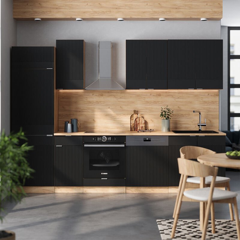 Küchenzeile Fame-Line, Schwarz gestreift/Goldkraft Eiche, 300 cm , AP Anthrazit, Vicco