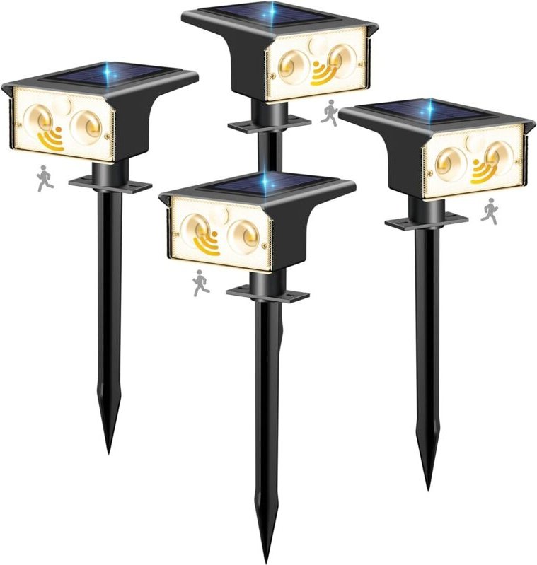 btfarm 4er-Set Solar-Außenleuchten mit Bewegungsmelder, leistungsstarke Außenbeleuchtung, 3 Modi, IP65 wasserdichte Sola...