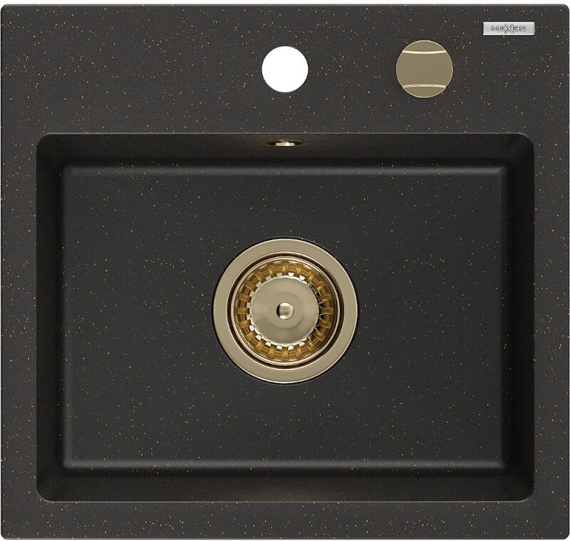 Thumbnail - Milo 1-Becken-Granit-Spüle 435 x 410 mm, Schwarz/Gold metallisch, Siphon Gold - 6505441000-75- - Mexen