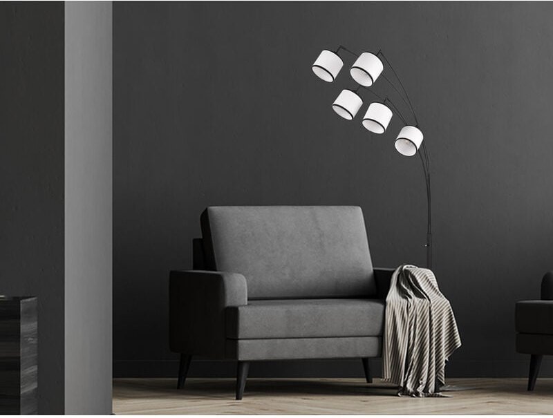 Große led Bogenleuchte 5-flammig mit Stoffschirmen Schwarz/Weiß, Höhe 200cm