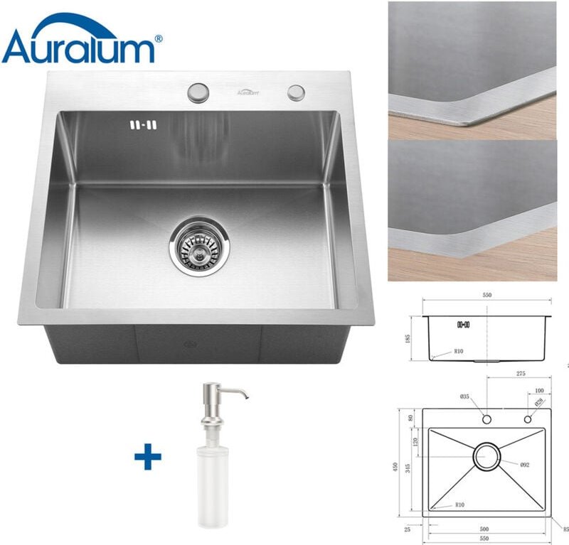 Edelstahl Küchenspüle 55 x 45 cm Waschbecken Einbauspüle Spülbecken mit 2 Montagelöcher + Ablaufgarnitur + Seifenspender