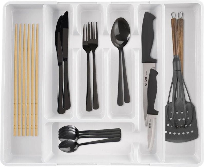 Verstellbarer Besteckeinsatz für Schubladenutensilien, ausziehbarer Organizer, weiß